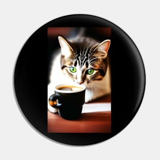 Cat Drinking Coffee Realistic Art Pin