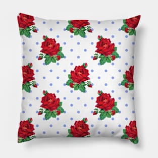 Red vintage roses and blue polka dots Pillow