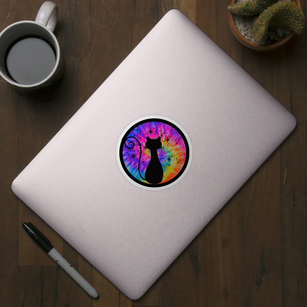 Tie Dye Black Cat: Rainbow Pink Trippy Hippie, Boho Psychedelic, Retro Vintage Sunset Vibe - Tie Dye Cat - Sticker