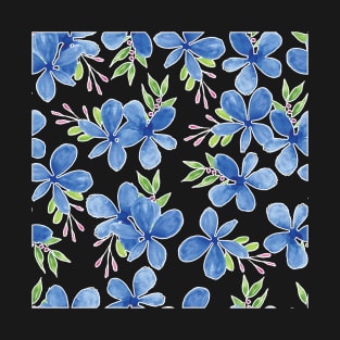 Blue Petal Flower Watercolor Pattern Black Background T-Shirt