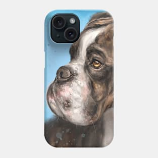 Painting of a Brindled Brown and White Boxer Dog Look to the Side on Blue Background Phone Case