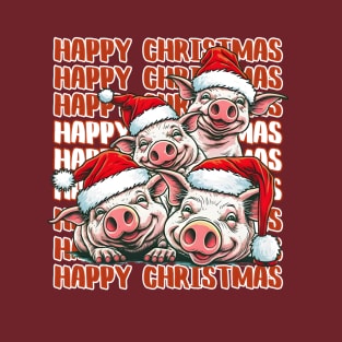 Happy Christmas Pig Family in Santa Hats T-Shirt