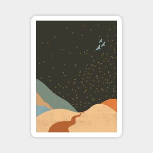 Mountains under night sky with stars and birds flying. Romantic design Magnet