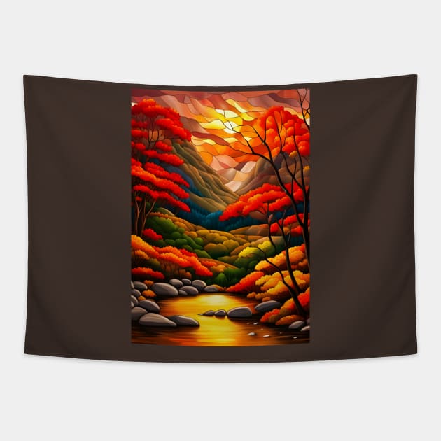 Stained Glass Autumn Mountain Scenery Tapestry by Chance Two Designs