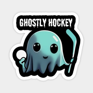 Cute ghost playing hockey: The adventures of a Ghostly Hockey Player, Halloween Magnet