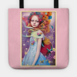 Stunning Alice in Wonderland painting of girl and flowers Tote