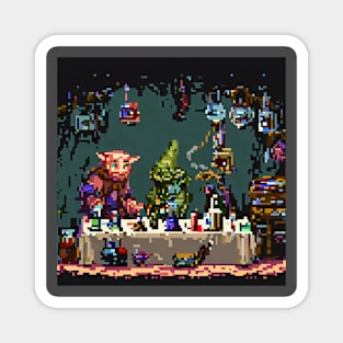 A goblin market selling strange items pixel art Magnet