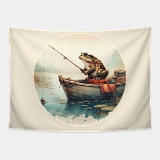 A vintage design of a toad in a fishing boat Tapestry