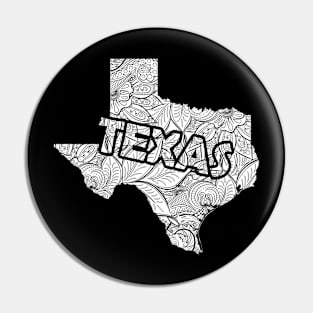 Mandala art map of Texas with text in white Pin