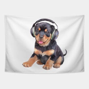 Watercolor Rottweiler Dog with Headphones Tapestry