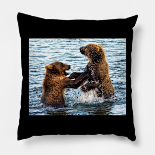 Young Kodiak Brown Bears Play Wrestle In Water Alaska Pillow