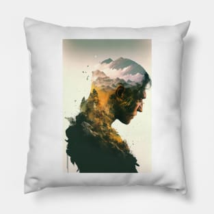 Man Double Exposed Against the Mountains Pillow