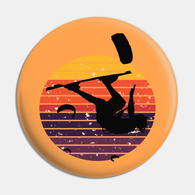 Kitesurfer Somersaulting Black Silhouette Retro Sunset Pin by taiche