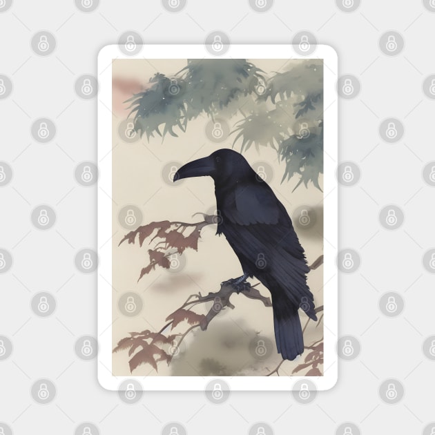 Japanese Raven painting, sumi-e ink brush Magnet by Ravenglow