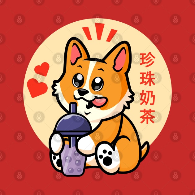 Corgi and boba (bubble) tea by Messy Nessie