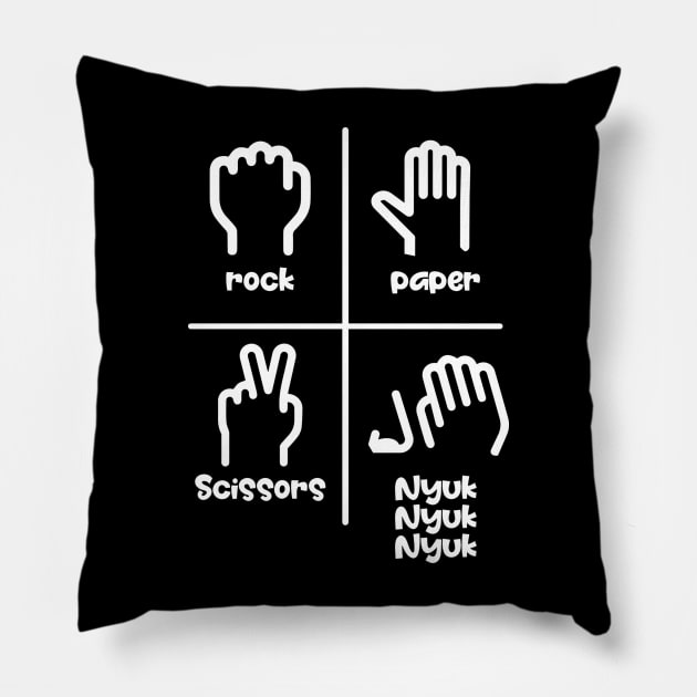 Rock Paper Scissors Nyuk Nyuk Nyuk Pillow by Cosmic Art