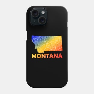 Colorful mandala art map of Montana with text in blue, yellow, and red Phone Case