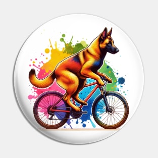 Watercolor Belgian Malinois Dog Riding A Bike Pin