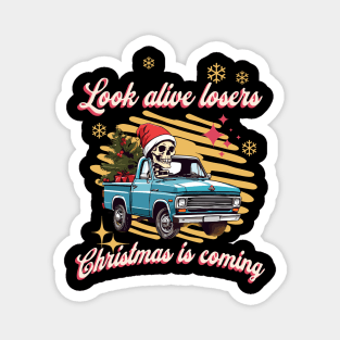 Funny Christmas Skeleton Wearing Santa Hat, Pickup Truck with Tree Magnet