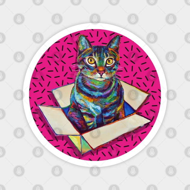 Hot Pink 80s' Psychedelic Party Cat Magnet by RobertPhelpsArt