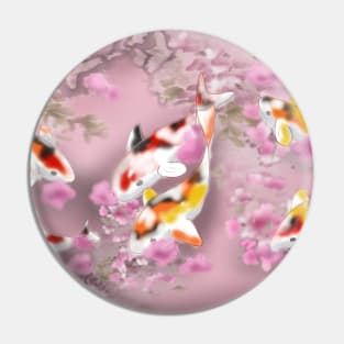 Koi carp with sakura reflections in a pink pond Pin