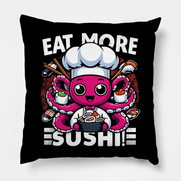 Eat More Sushi, Calamari Chef Pillow by SubtleSplit
