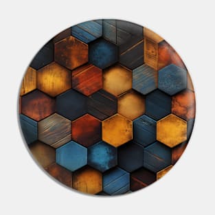 Geometric Timber: Crystalline Hexagons in Amber and Blue Pin