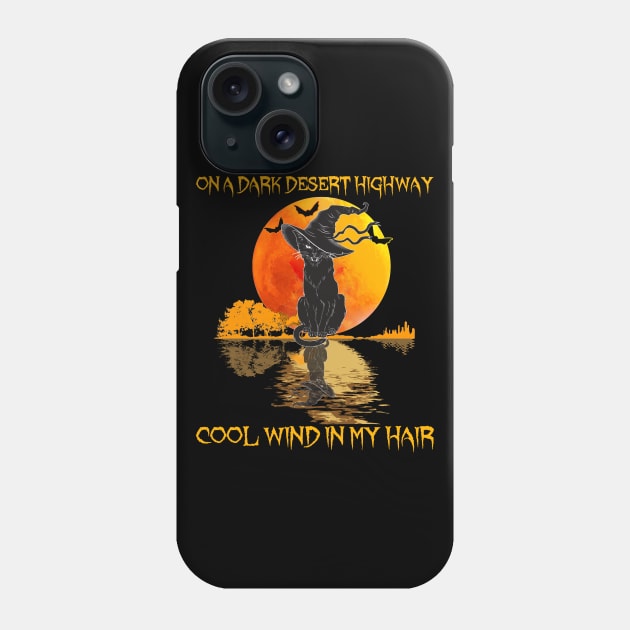 Black Cat Witch Hat On A Dark Desert Highways Halloween Shirt Phone Case by Rozel Clothing