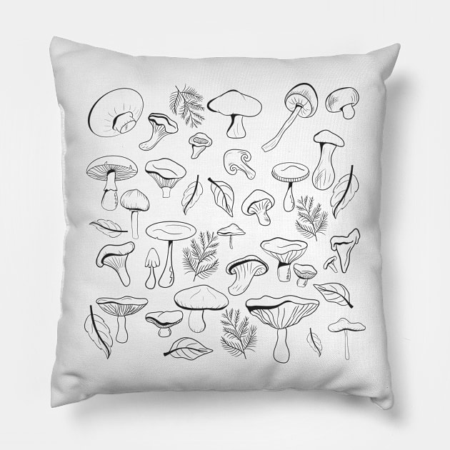 Black and white mushrooms Pillow by smoochugs