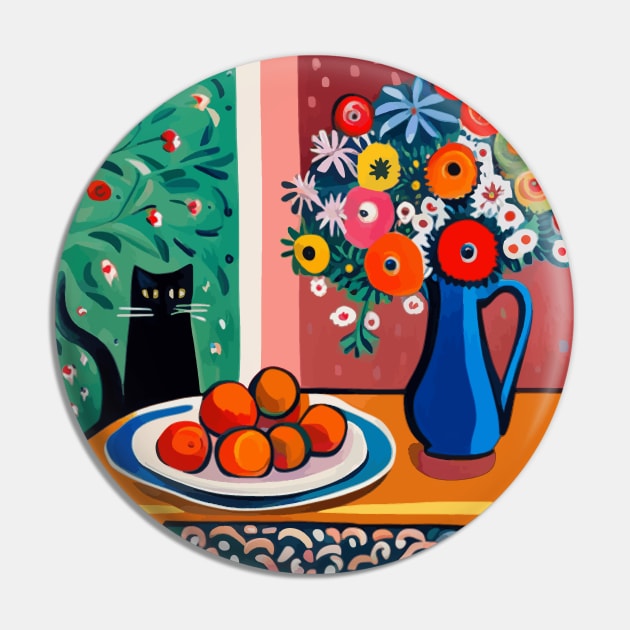 Black Cat with Flowers in a Blue Vase Pin by bragova