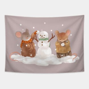 Snowy Winter Cottagecore Mice Building a Snowman Tapestry