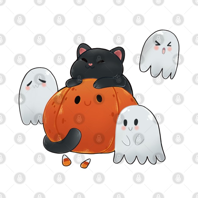 Cute Halloween cat and ghost by Itsacuteart