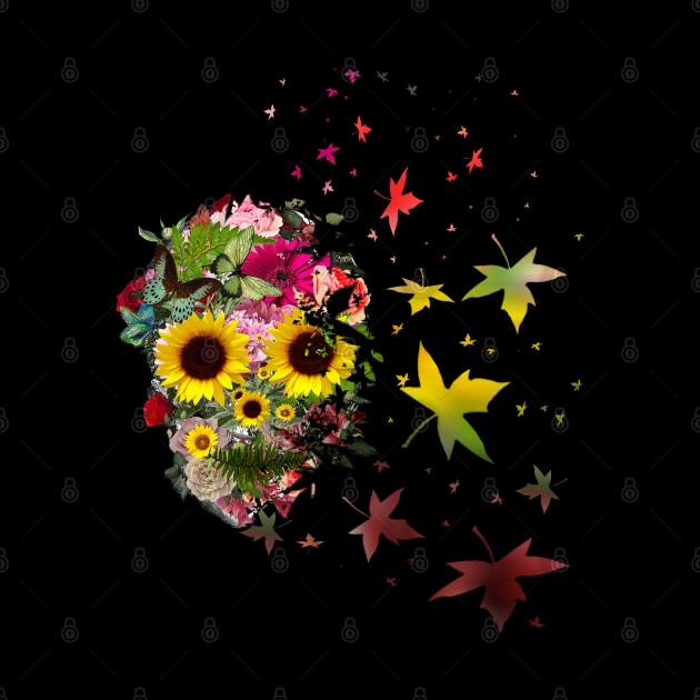 Floral Skull with sunflowers, roses and butterblies, watercolor,colorfull nature floral by Collagedream