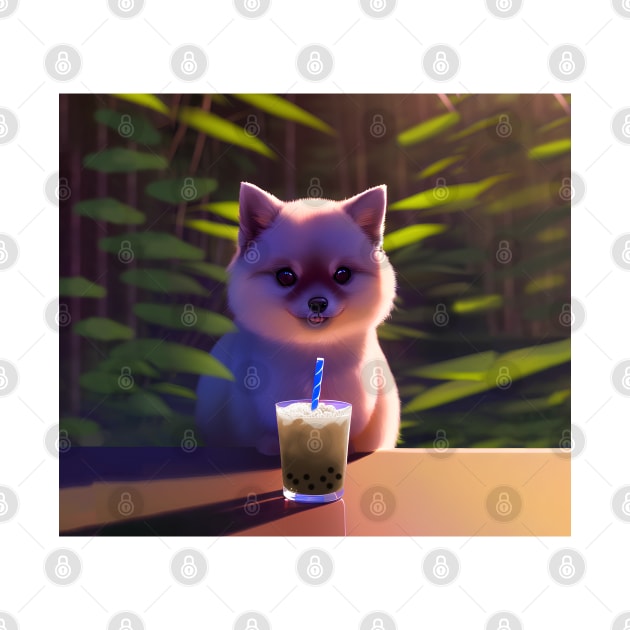 Pomeranian with boba bubble tea by akwl.design