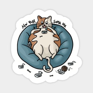 New Year Same Me Chubby Kitty Eating Fish Funny Digital Illustration Magnet