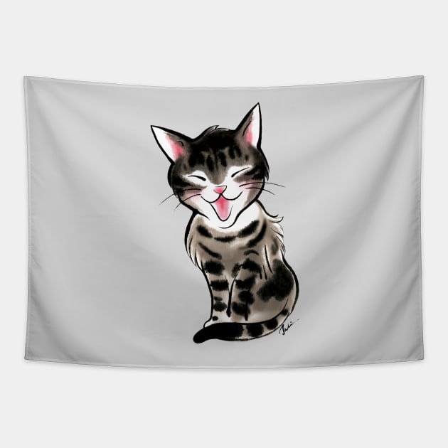 Laughing little tabby cat Tapestry by juliewu