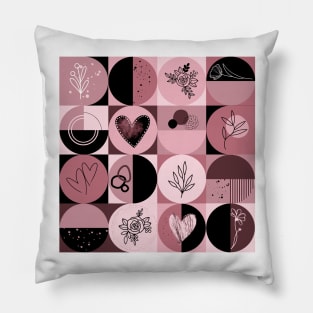 repeating geometry pattern, squares and circles, ornaments, black pink color tones Pillow