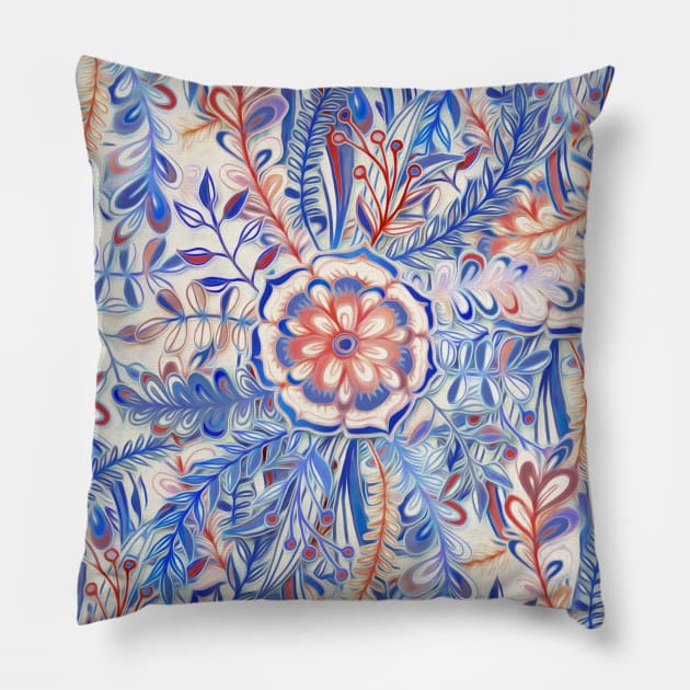 Boho Flower Burst in Red and Blue Pillow by micklyn