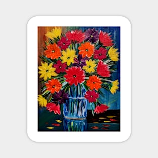 A beautiful bouquet flowers in a glass and gold vase . Magnet