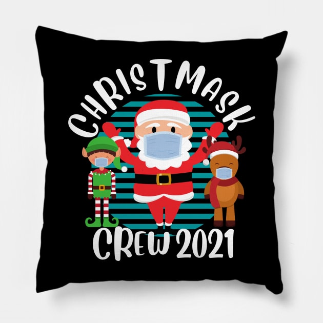 Christmask Crew 2021 Funny Santa Reindeer Elf Wearing Face Mask Matching Family Christmas Pillow by PowderShot