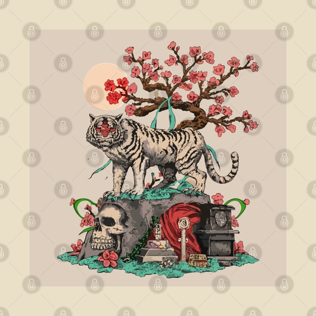 white tiger on top of a skull behind it a beautiful sakura tree and a black tomb by NIKA13