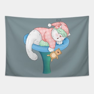 Cute Cat Sleeping On A Cat Tree Tapestry