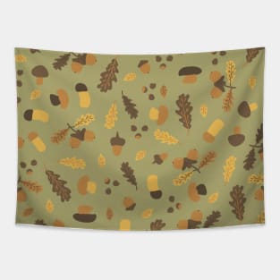 Autumn oak leaves, acorn, birch aspen mushrooms, nuts, chestnuts seamless pattern Tapestry