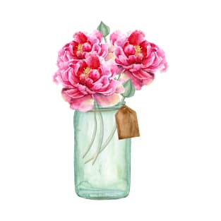 Watercolor, peonies, mason jar, jar, flowers, bouquet T-Shirt