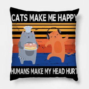 Cats Make Me Happy Humans Make My Head Hurt Summer Holidays Christmas In July Vintage Retro Pillow