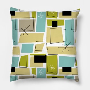 Yellow Aqua Blue Green Rectangles Starburst Mid Century Modern Pillow