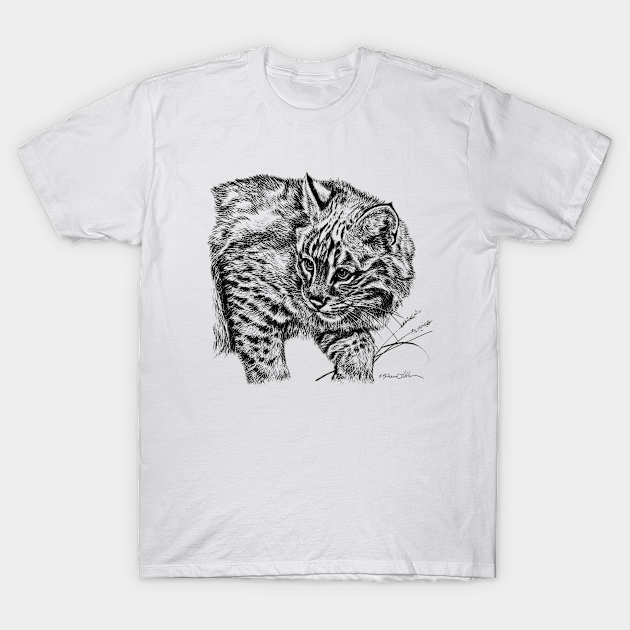 Curious Bobcat Portrait Black and White - Wildlife - T-Shirt