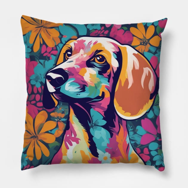 Dashing Dachshund, vibrant dog surrounded by flowers Pillow by Sieve's Weave's