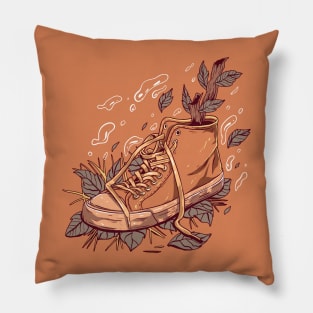 A Brown Shoe with Some Leaves Pillow