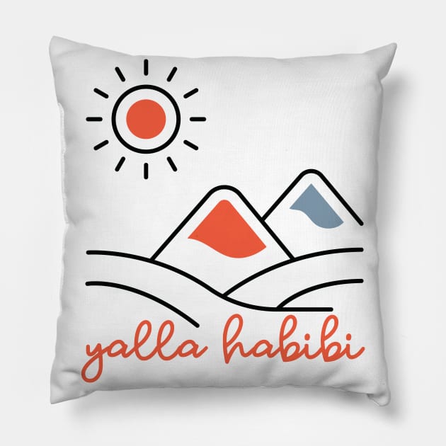 yalla habibi - mountain, sun landscape - orange & blue Pillow by habibitravels